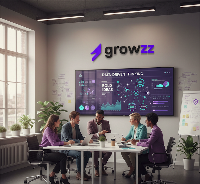 Equipo de Growzz reunido analizando datos y estrategias digitales en una sesión de trabajo colaborativa orientada a crecimiento.