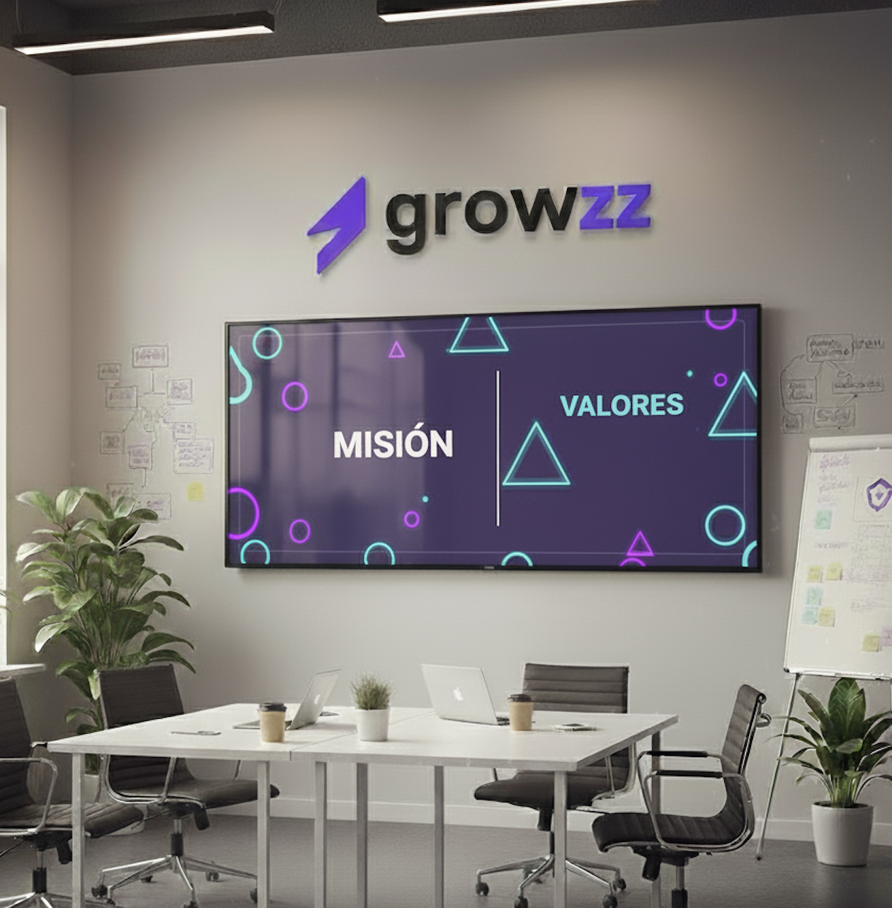 Espacio de trabajo de Growzz con pantalla que muestra la misión y valores de la empresa como base de su forma de trabajar.
