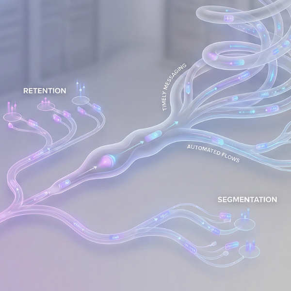 Ilustración conceptual de flujos automatizados de email marketing que representan segmentación, mensajes oportunos y retención de clientes.